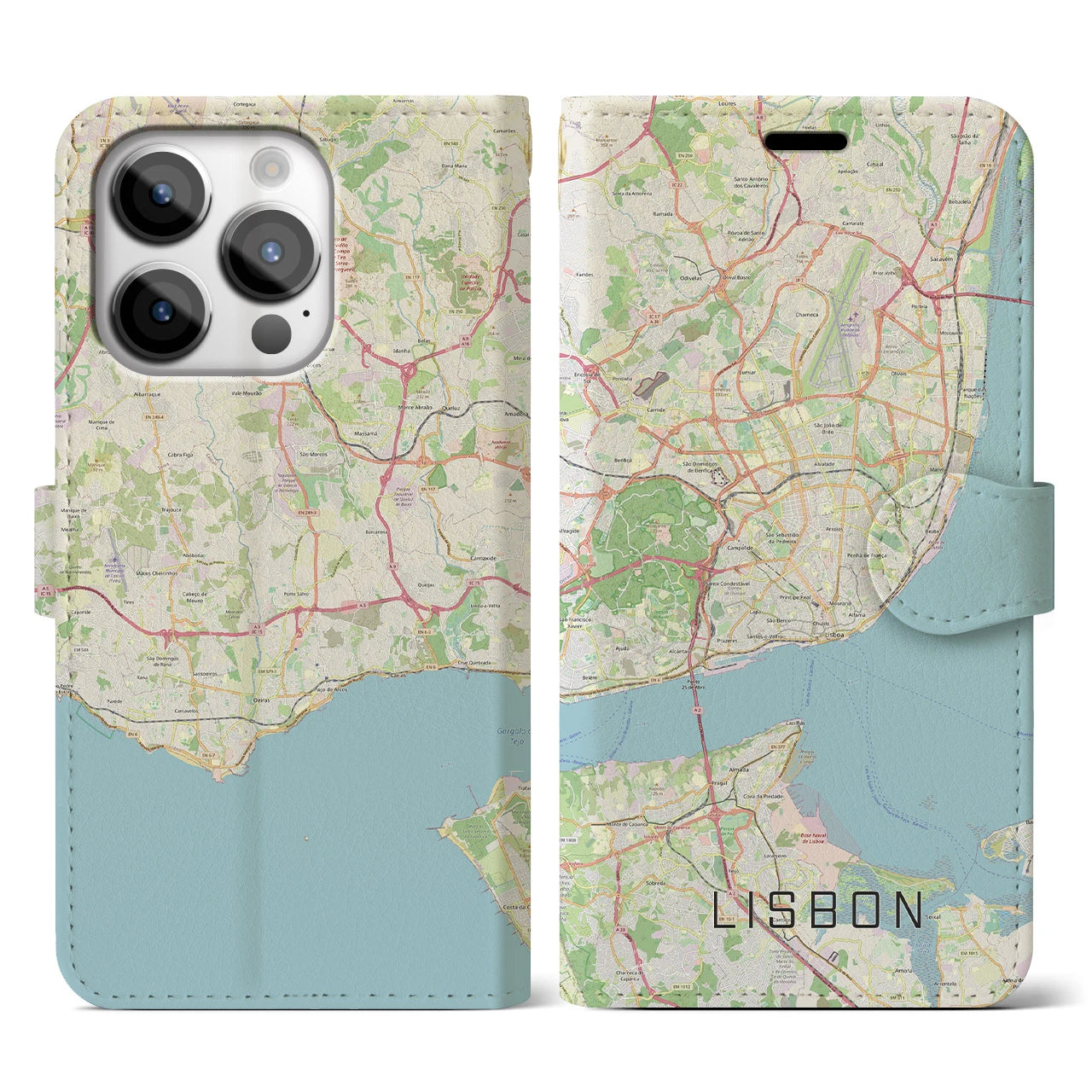 【リスボン】地図柄iPhoneケース（手帳両面タイプ・ナチュラル）iPhone 14 Pro 用