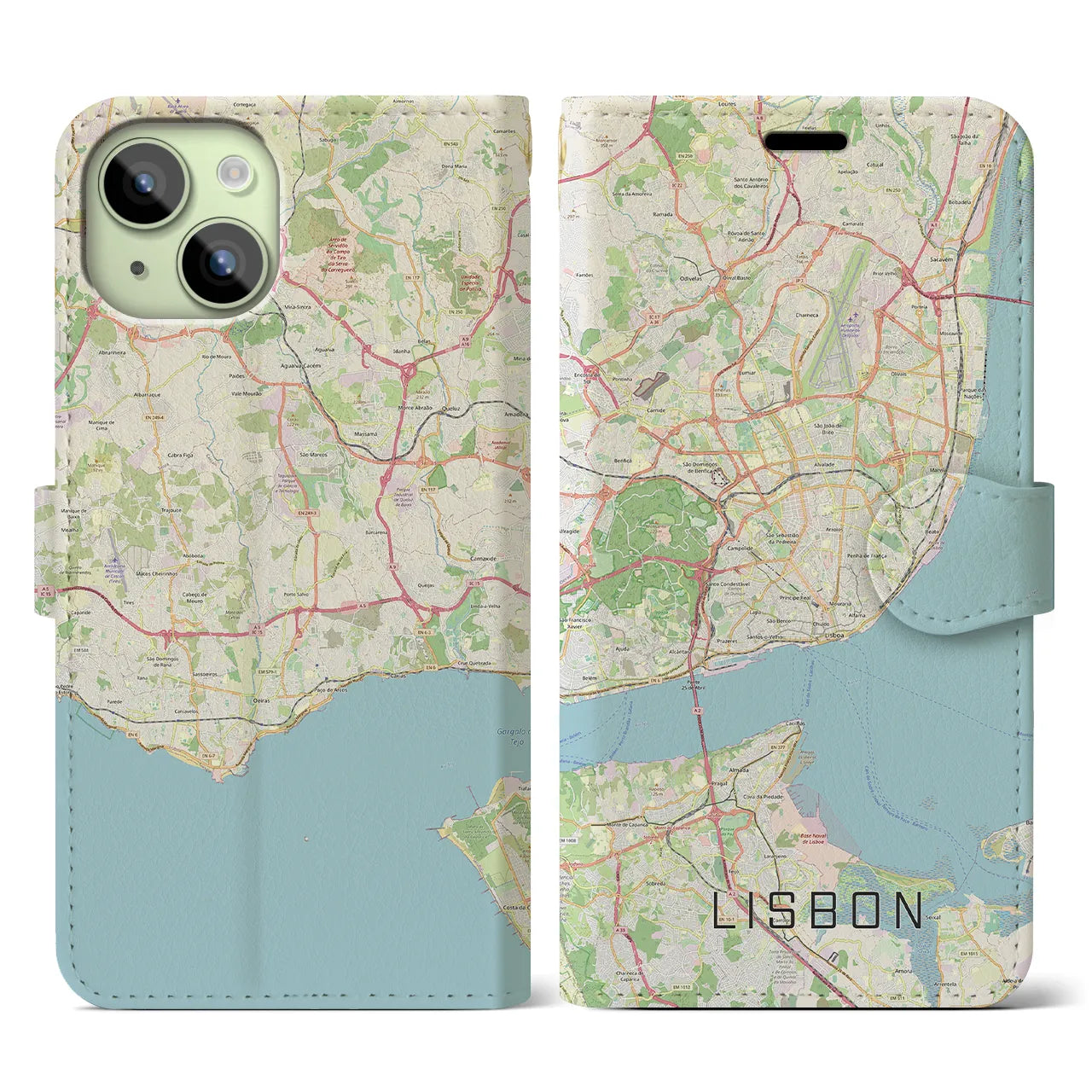 【リスボン】地図柄iPhoneケース（手帳両面タイプ・ナチュラル）iPhone 15 用