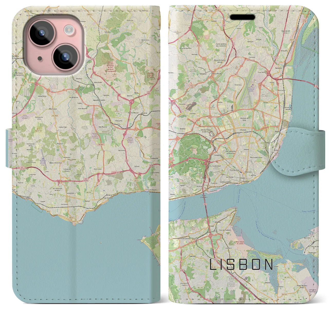 【リスボン】地図柄iPhoneケース（手帳両面タイプ・ナチュラル）iPhone 15 Plus 用