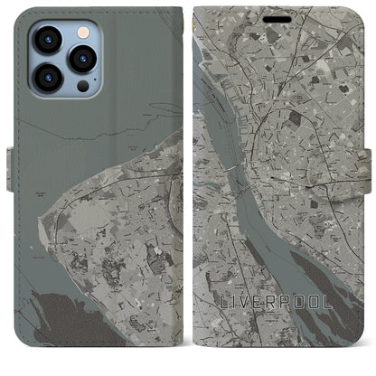 【リヴァプール（イギリス）】地図柄iPhoneケース（手帳タイプ）モノトーン・iPhone 13 Pro Max 用