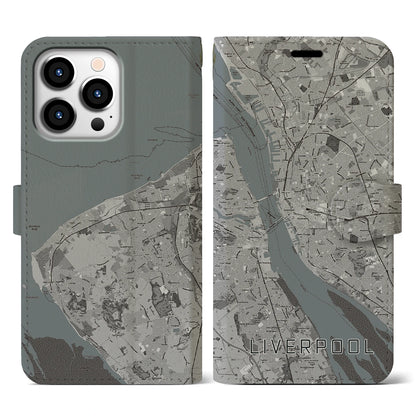 【リヴァプール（イギリス）】地図柄iPhoneケース（手帳タイプ）モノトーン・iPhone 13 Pro 用