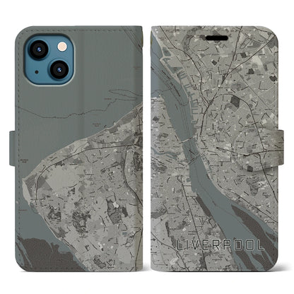 【リヴァプール（イギリス）】地図柄iPhoneケース（手帳タイプ）モノトーン・iPhone 13 用