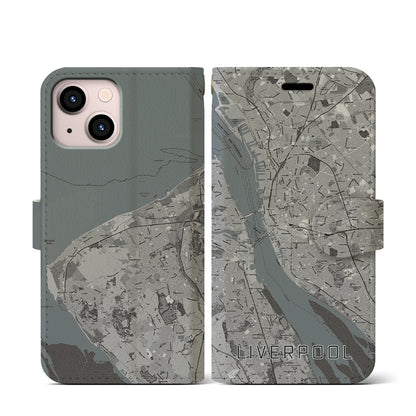 【リヴァプール（イギリス）】地図柄iPhoneケース（手帳タイプ）モノトーン・iPhone 13 mini 用