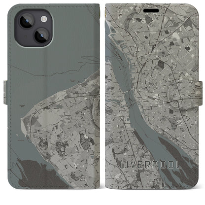 【リヴァプール（イギリス）】地図柄iPhoneケース（手帳タイプ）モノトーン・iPhone 14 Plus 用
