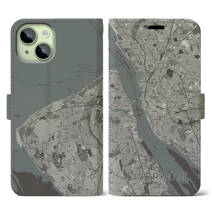 【リヴァプール（イギリス）】地図柄iPhoneケース（手帳タイプ）モノトーン・iPhone 15 用