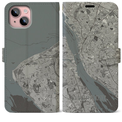 【リヴァプール（イギリス）】地図柄iPhoneケース（手帳タイプ）モノトーン・iPhone 15 Plus 用
