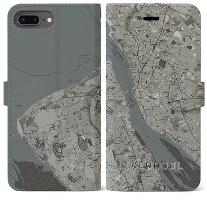【リヴァプール（イギリス）】地図柄iPhoneケース（手帳タイプ）モノトーン・iPhone 8Plus /7Plus / 6sPlus / 6Plus 用