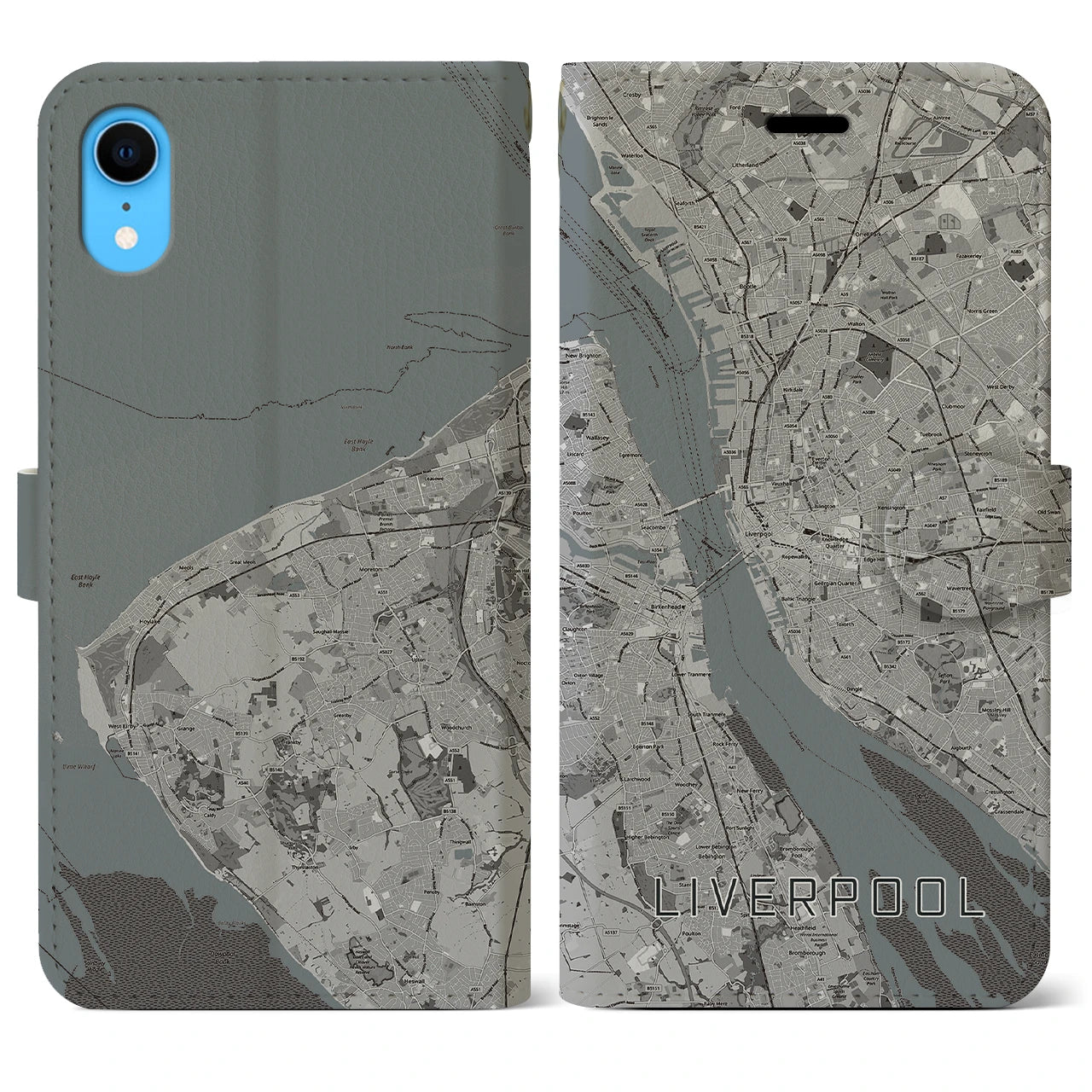 【リヴァプール】地図柄iPhoneケース（手帳両面タイプ・モノトーン）iPhone XR 用