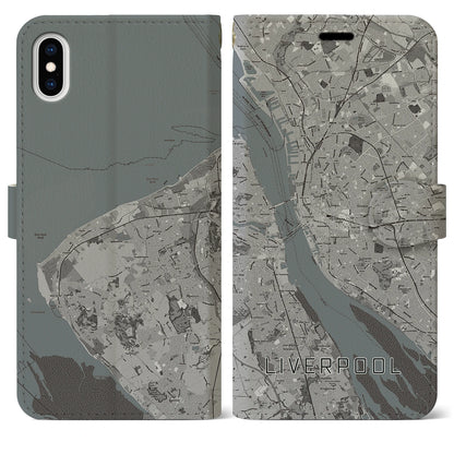 【リヴァプール（イギリス）】地図柄iPhoneケース（手帳タイプ）モノトーン・iPhone XS Max 用