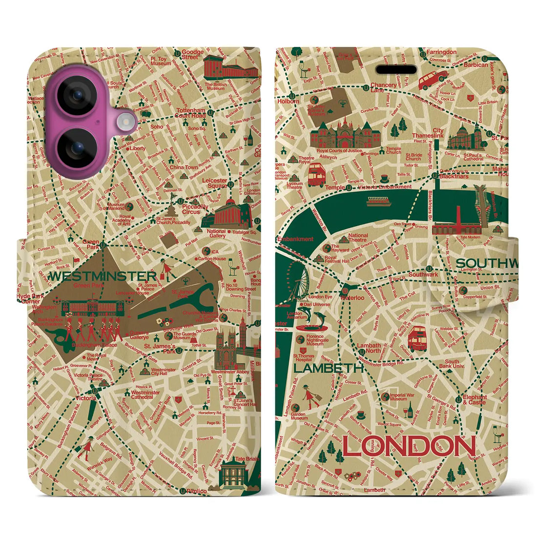 【ロンドン(イラスト)】イラストマップiPhoneケース(手帳タイプ)ブライト・iPhone 16 Pro 用