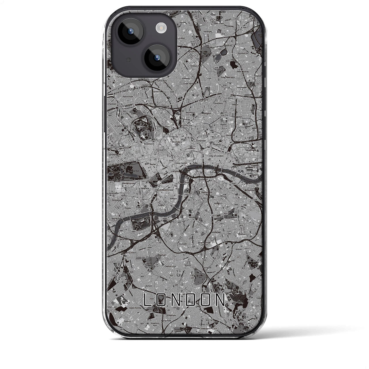 【ロンドン（イギリス）】地図柄iPhoneケース（クリアタイプ）モノトーン・iPhone 14 Plus 用