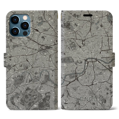 【ロンドン（イギリス）】地図柄iPhoneケース（手帳タイプ）モノトーン・iPhone 12 / 12 Pro 用