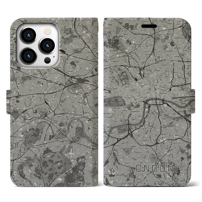 【ロンドン（イギリス）】地図柄iPhoneケース（手帳タイプ）モノトーン・iPhone 13 Pro 用