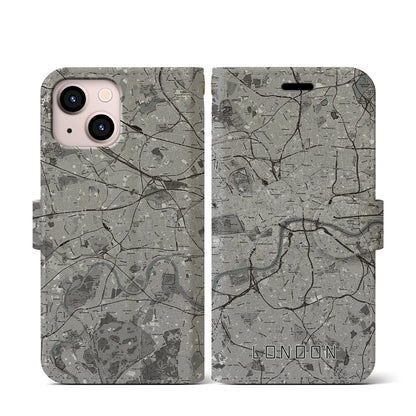 【ロンドン（イギリス）】地図柄iPhoneケース（手帳タイプ）モノトーン・iPhone 13 mini 用