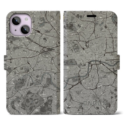 【ロンドン（イギリス）】地図柄iPhoneケース（手帳タイプ）モノトーン・iPhone 14 用