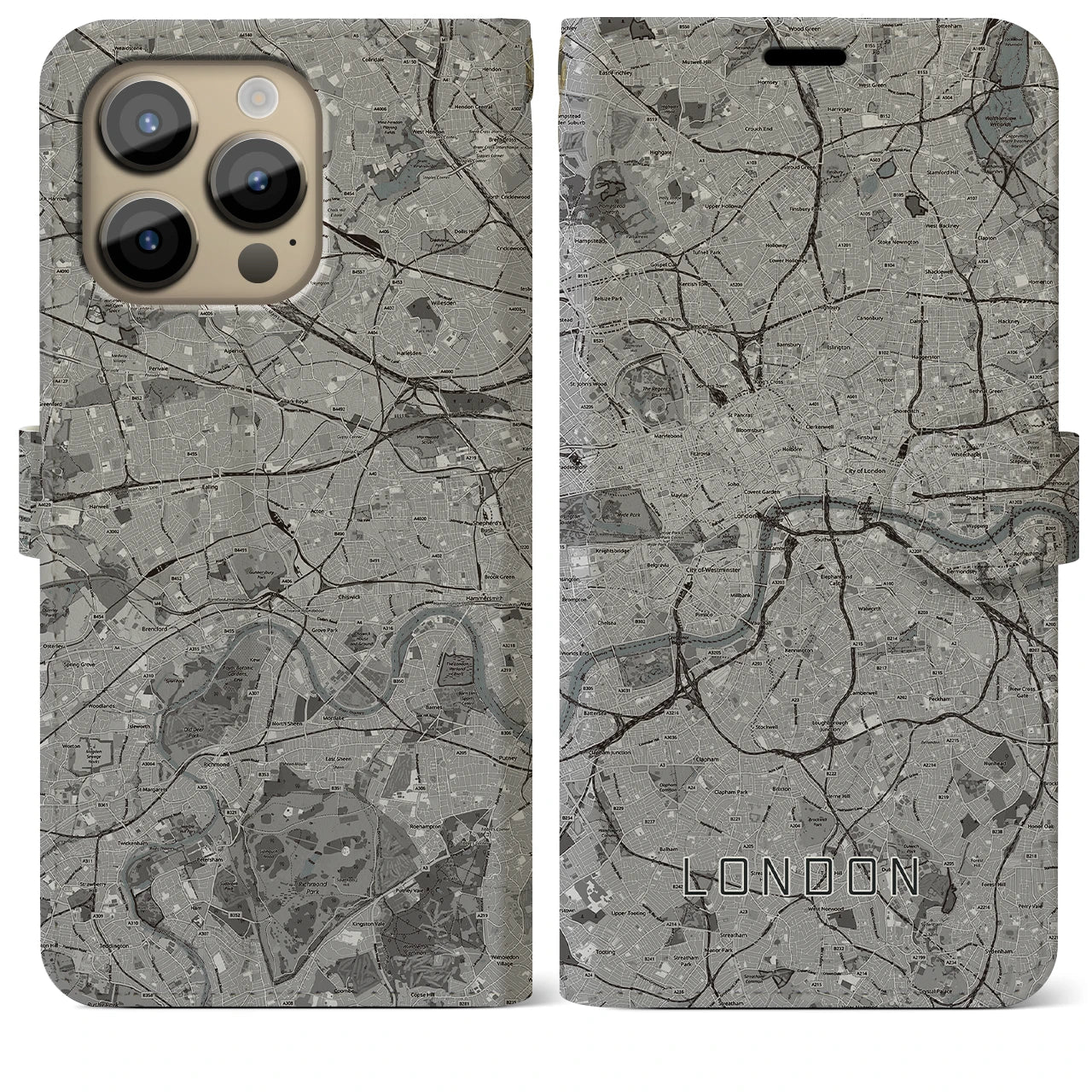 【ロンドン】地図柄iPhoneケース（手帳両面タイプ・モノトーン）iPhone 14 Pro Max 用