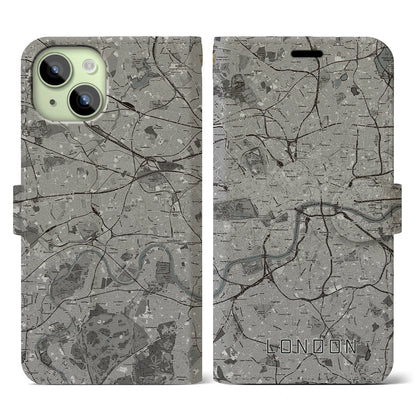 【ロンドン（イギリス）】地図柄iPhoneケース（手帳タイプ）モノトーン・iPhone 15 用