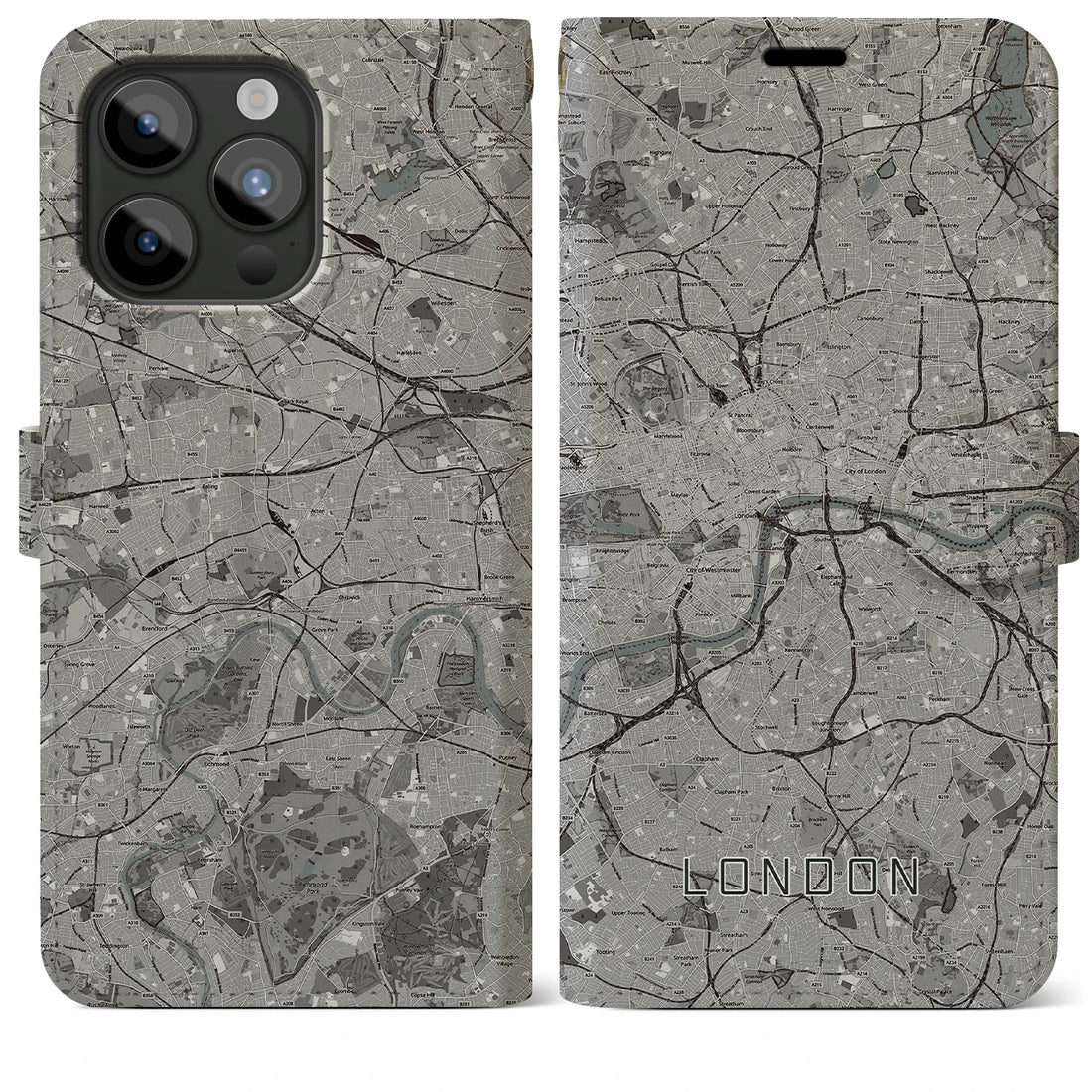【ロンドン】地図柄iPhoneケース（手帳両面タイプ・モノトーン）iPhone 15 Pro Max 用
