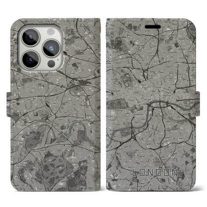【ロンドン（イギリス）】地図柄iPhoneケース（手帳タイプ）モノトーン・iPhone 15 Pro 用