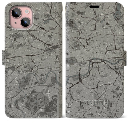 【ロンドン（イギリス）】地図柄iPhoneケース（手帳タイプ）モノトーン・iPhone 15 Plus 用