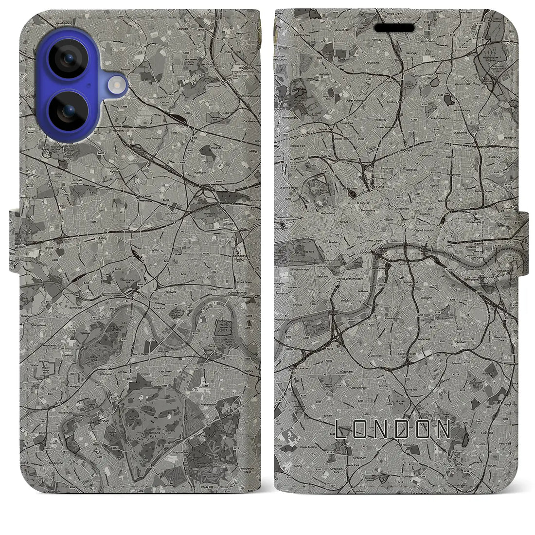 【ロンドン(イギリス)】地図柄iPhoneケース(手帳タイプ)モノトーン・iPhone 16 Pro Max 用