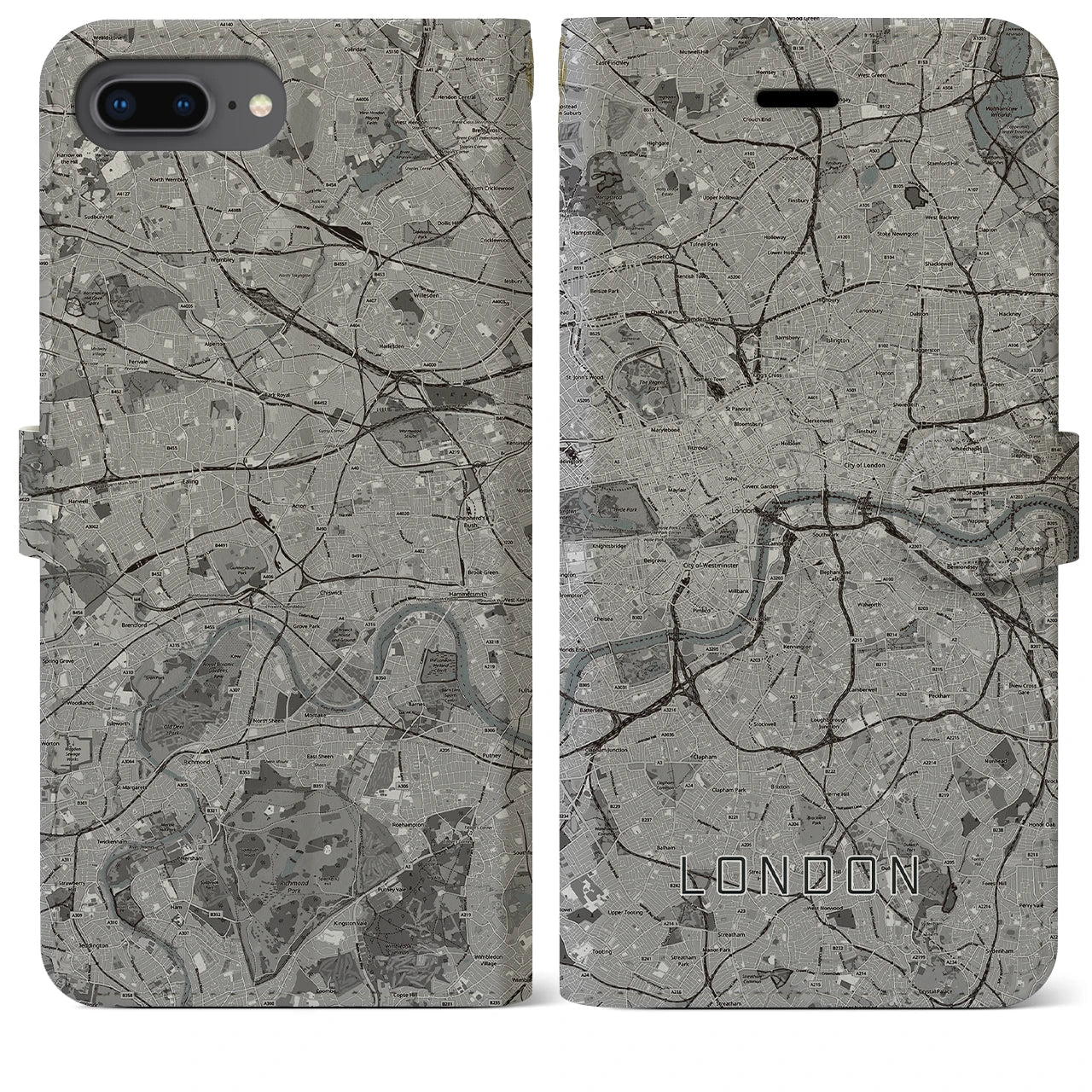 【ロンドン】地図柄iPhoneケース（手帳両面タイプ・モノトーン）iPhone 8Plus /7Plus / 6sPlus / 6Plus 用