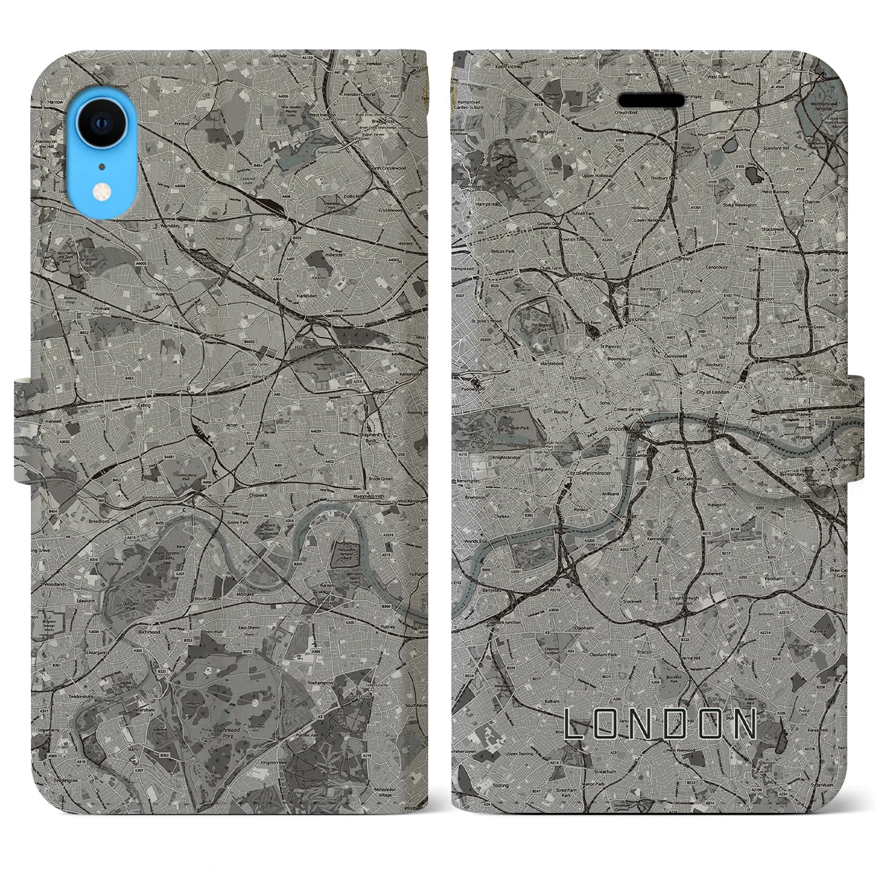 【ロンドン】地図柄iPhoneケース（手帳両面タイプ・モノトーン）iPhone XR 用