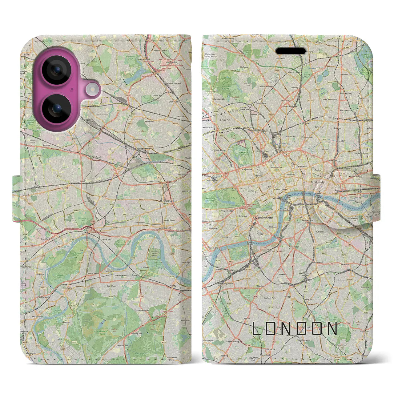 【ロンドン（イギリス）】地図柄iPhoneケース（手帳タイプ）ナチュラル・iPhone 16 Pro 用