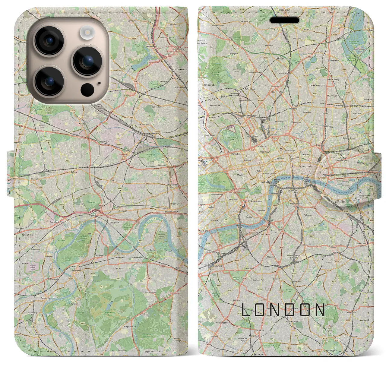 【ロンドン（イギリス）】地図柄iPhoneケース（手帳タイプ）ナチュラル・iPhone 16 Plus 用