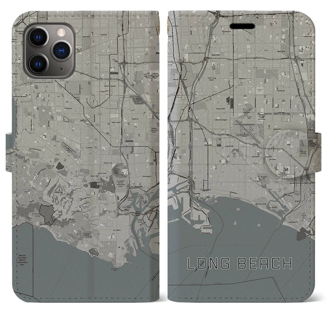 【ロングビーチ】地図柄iPhoneケース（手帳両面タイプ・モノトーン）iPhone 11 Pro Max 用