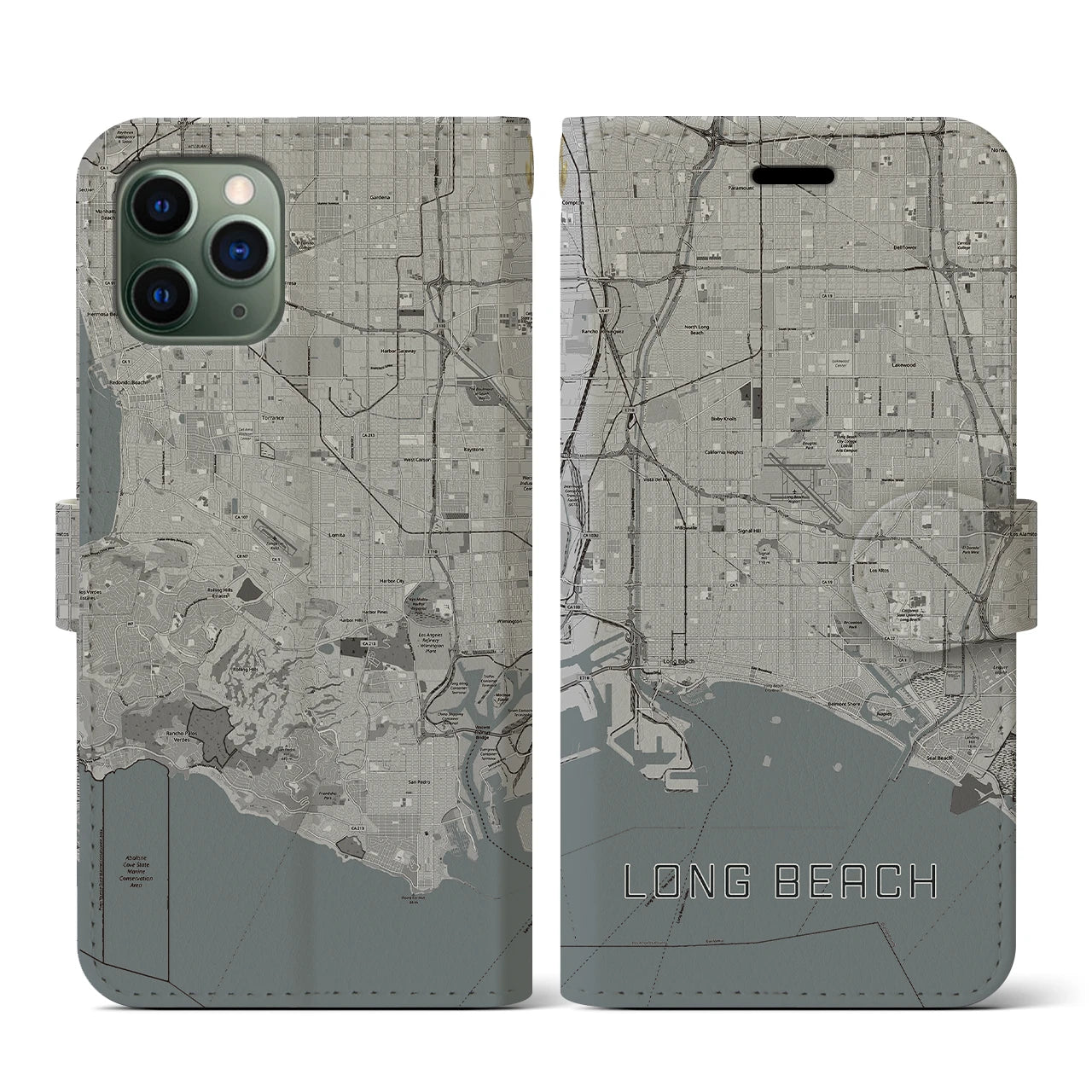 【ロングビーチ】地図柄iPhoneケース（手帳両面タイプ・モノトーン）iPhone 11 Pro 用