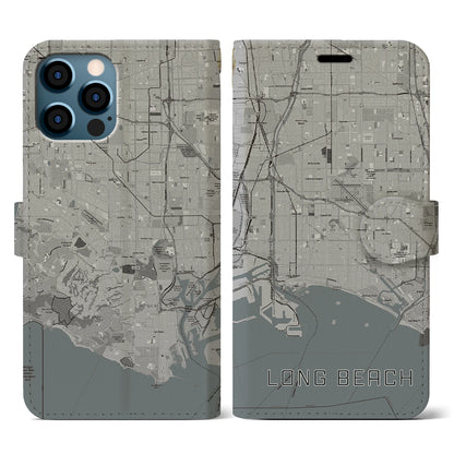 【ロングビーチ（アメリカ）】地図柄iPhoneケース（手帳タイプ）モノトーン・iPhone 12 / 12 Pro 用