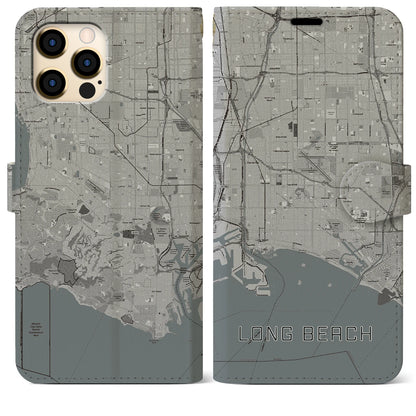 【ロングビーチ（アメリカ）】地図柄iPhoneケース（手帳タイプ）モノトーン・iPhone 12 Pro Max 用