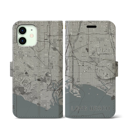 【ロングビーチ（アメリカ）】地図柄iPhoneケース（手帳タイプ）モノトーン・iPhone 12 mini 用