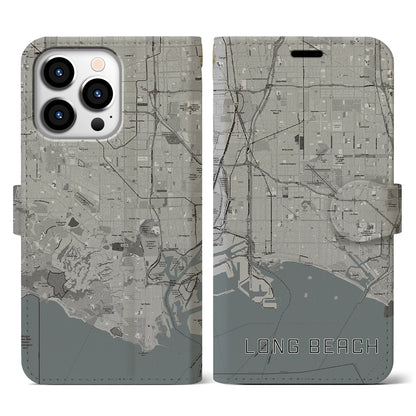 【ロングビーチ（アメリカ）】地図柄iPhoneケース（手帳タイプ）モノトーン・iPhone 13 Pro 用