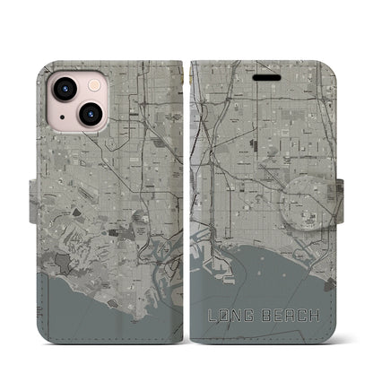 【ロングビーチ（アメリカ）】地図柄iPhoneケース（手帳タイプ）モノトーン・iPhone 13 mini 用
