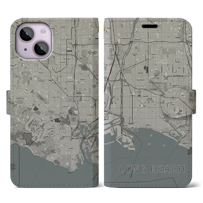 【ロングビーチ（アメリカ）】地図柄iPhoneケース（手帳タイプ）モノトーン・iPhone 14 用