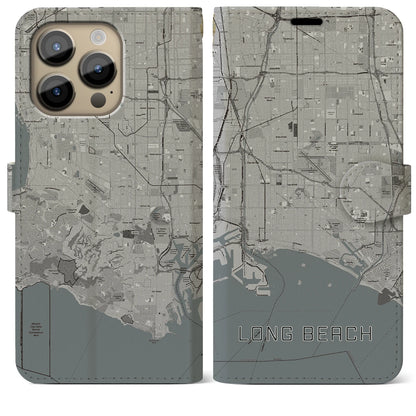 【ロングビーチ（アメリカ）】地図柄iPhoneケース（手帳タイプ）モノトーン・iPhone 14 Pro Max 用