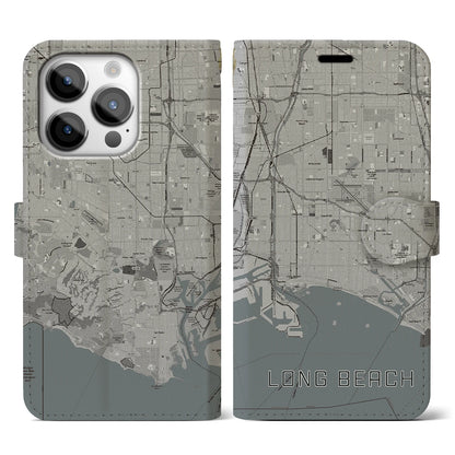 【ロングビーチ（アメリカ）】地図柄iPhoneケース（手帳タイプ）モノトーン・iPhone 14 Pro 用