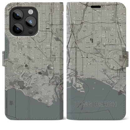 【ロングビーチ（アメリカ）】地図柄iPhoneケース（手帳タイプ）モノトーン・iPhone 15 Pro Max 用