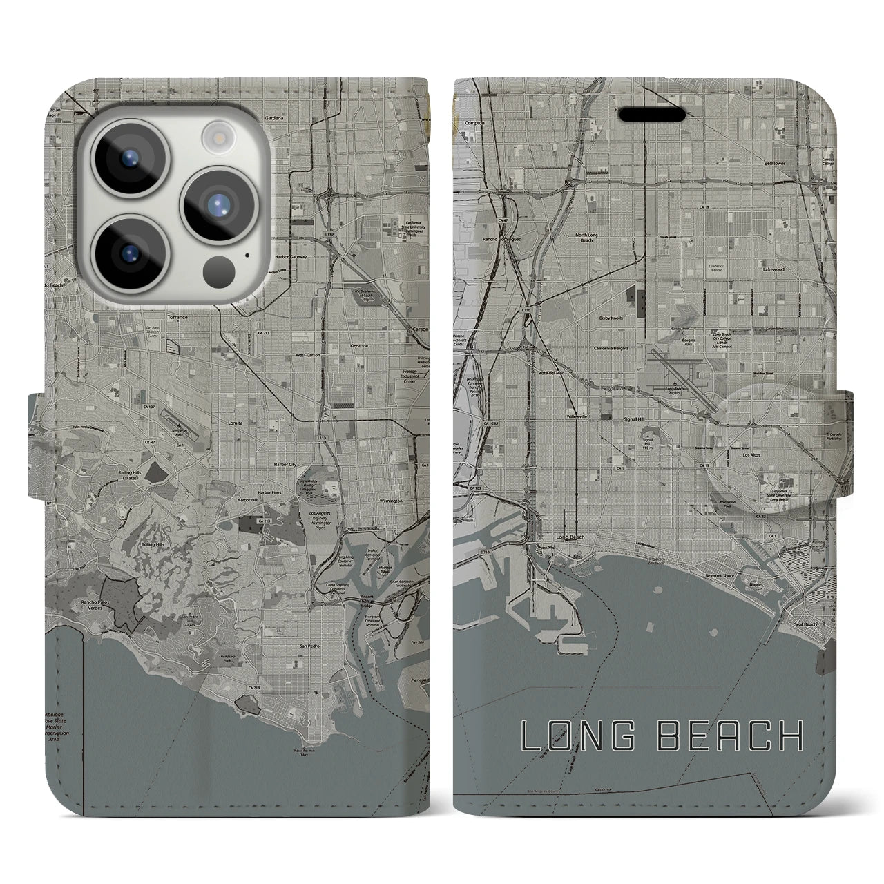 【ロングビーチ】地図柄iPhoneケース（手帳両面タイプ・モノトーン）iPhone 15 Pro 用