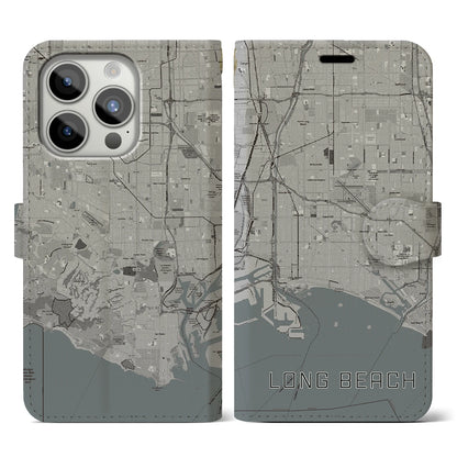 【ロングビーチ（アメリカ）】地図柄iPhoneケース（手帳タイプ）モノトーン・iPhone 15 Pro 用