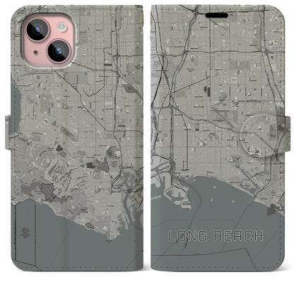 【ロングビーチ（アメリカ）】地図柄iPhoneケース（手帳タイプ）モノトーン・iPhone 15 Plus 用