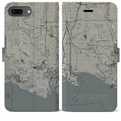 【ロングビーチ（アメリカ）】地図柄iPhoneケース（手帳タイプ）モノトーン・iPhone 8Plus /7Plus / 6sPlus / 6Plus 用