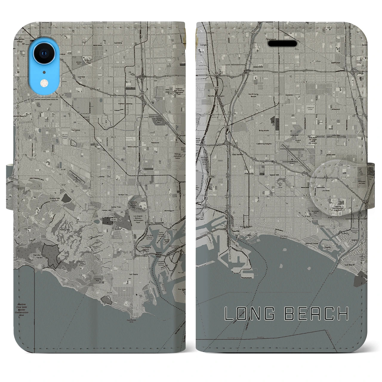 【ロングビーチ】地図柄iPhoneケース（手帳両面タイプ・モノトーン）iPhone XR 用