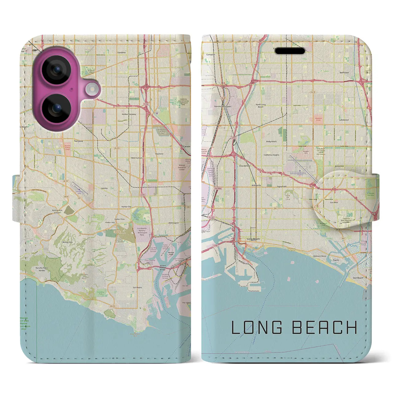 【ロングビーチ（アメリカ）】地図柄iPhoneケース（手帳タイプ）ナチュラル・iPhone 16 Pro 用