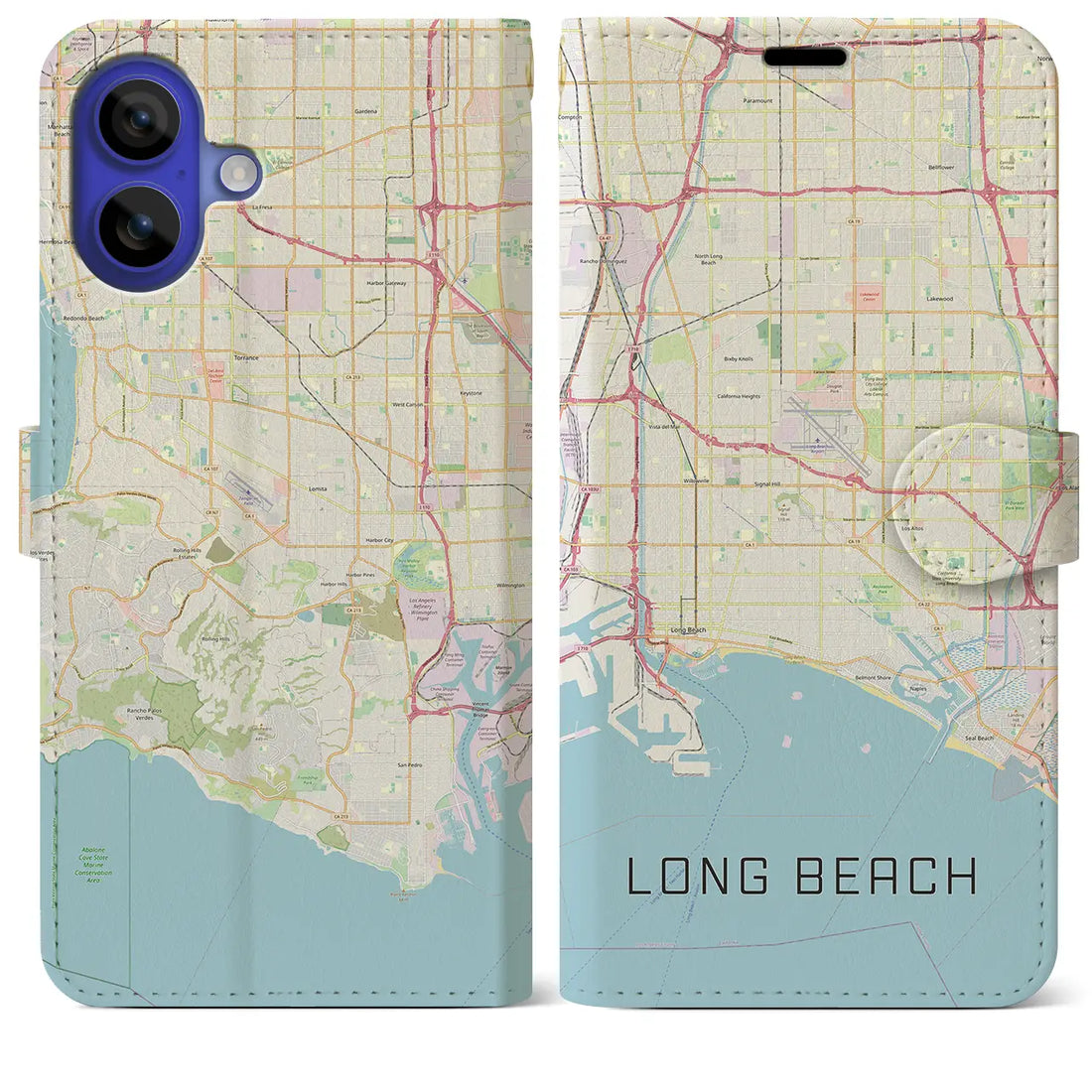 【ロングビーチ（アメリカ）】地図柄iPhoneケース（手帳タイプ）ナチュラル・iPhone 16 Pro Max 用