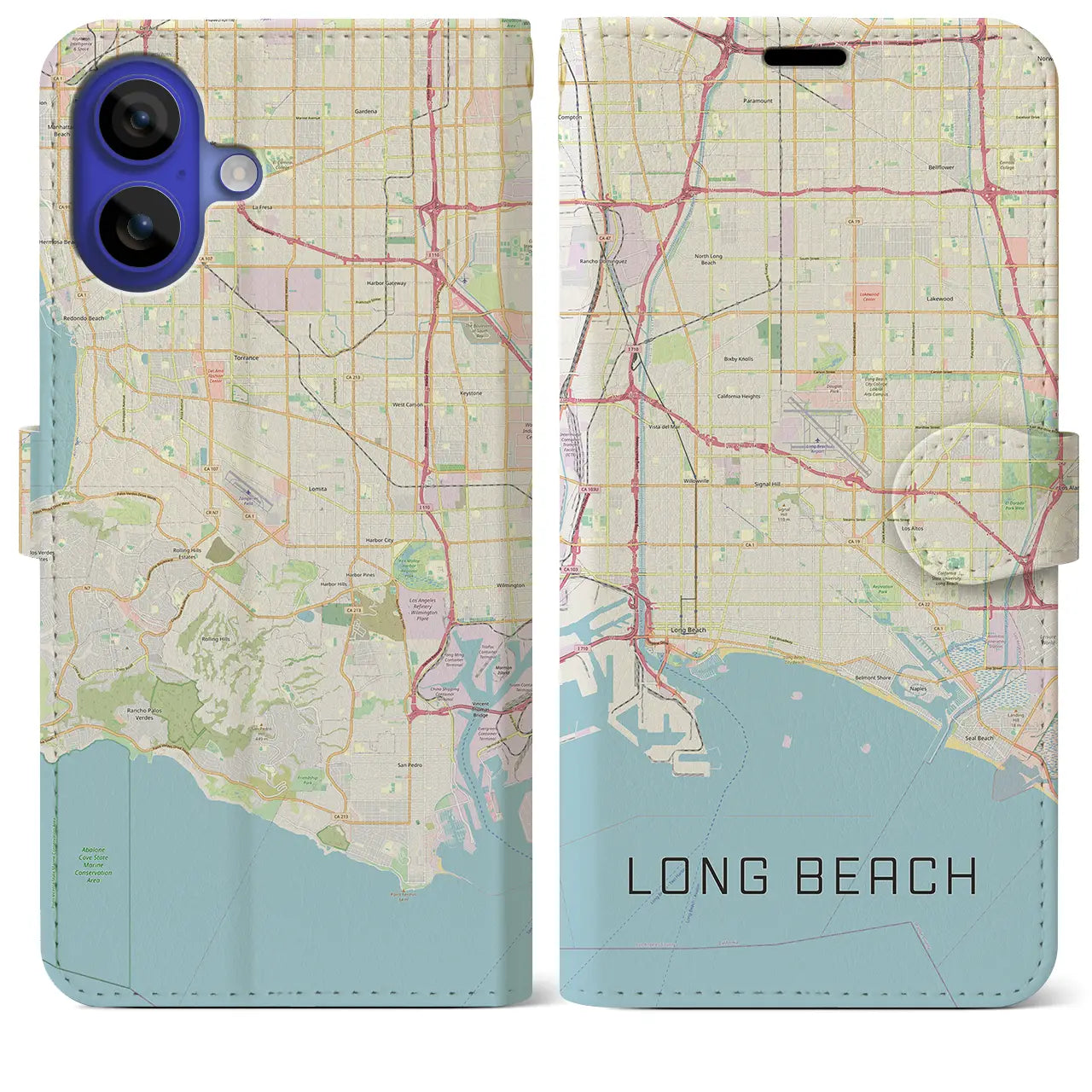 【ロングビーチ（アメリカ）】地図柄iPhoneケース（手帳タイプ）ナチュラル・iPhone 16 Pro Max 用