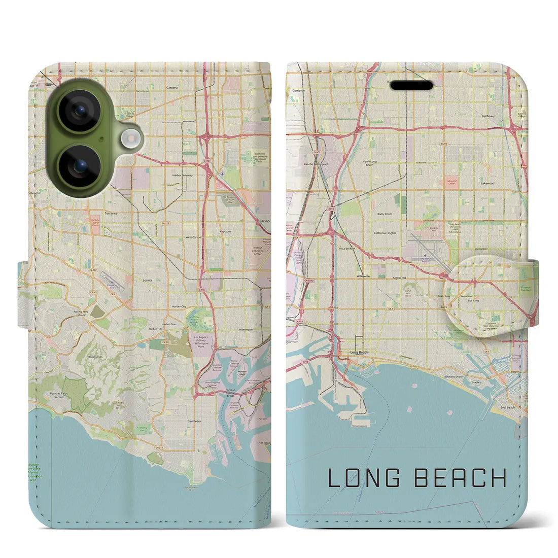【ロングビーチ(アメリカ)】地図柄iPhoneケース(手帳タイプ)モノトーン・iPhone 17 Pro Max 用