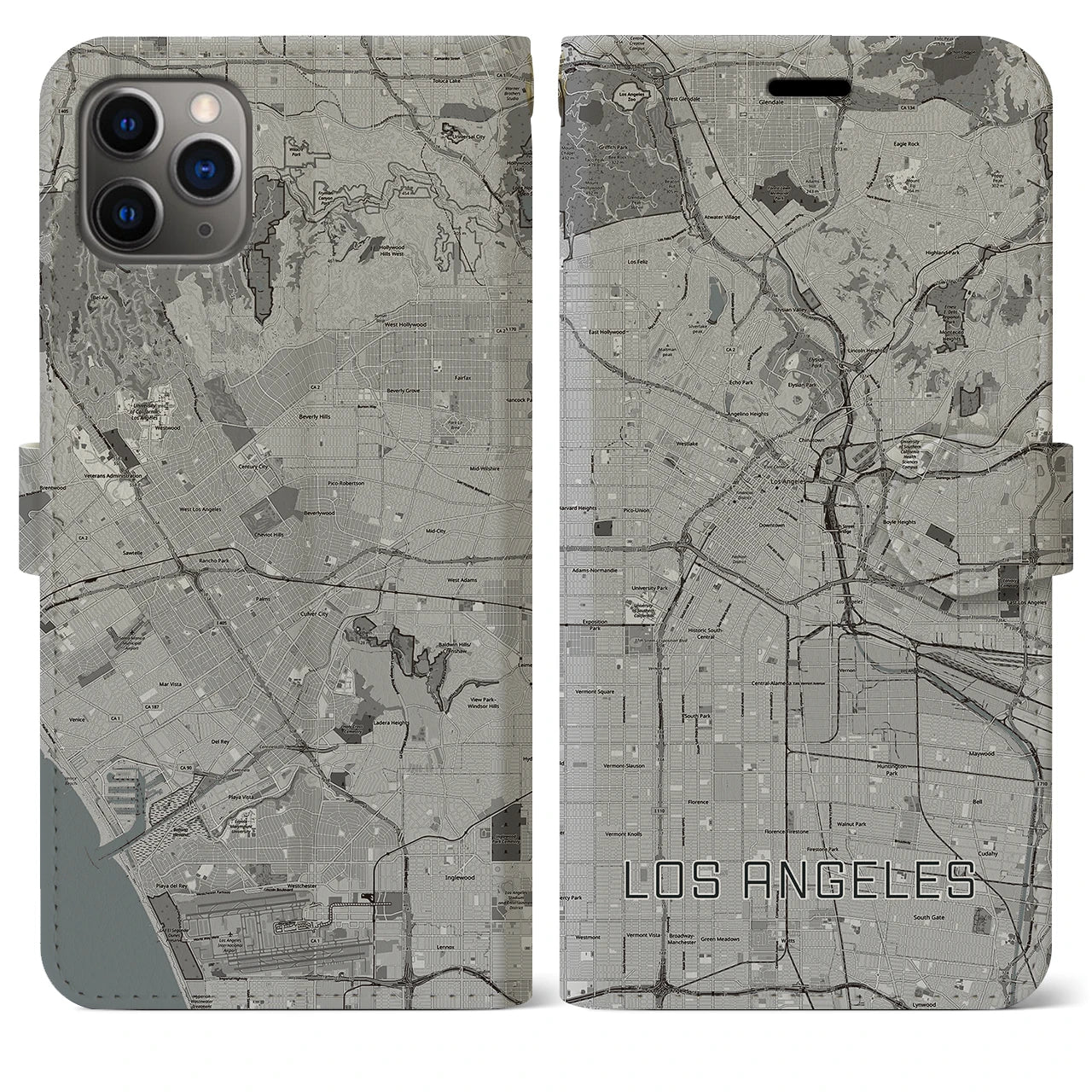 【ロサンゼルス】地図柄iPhoneケース（手帳両面タイプ・モノトーン）iPhone 11 Pro Max 用
